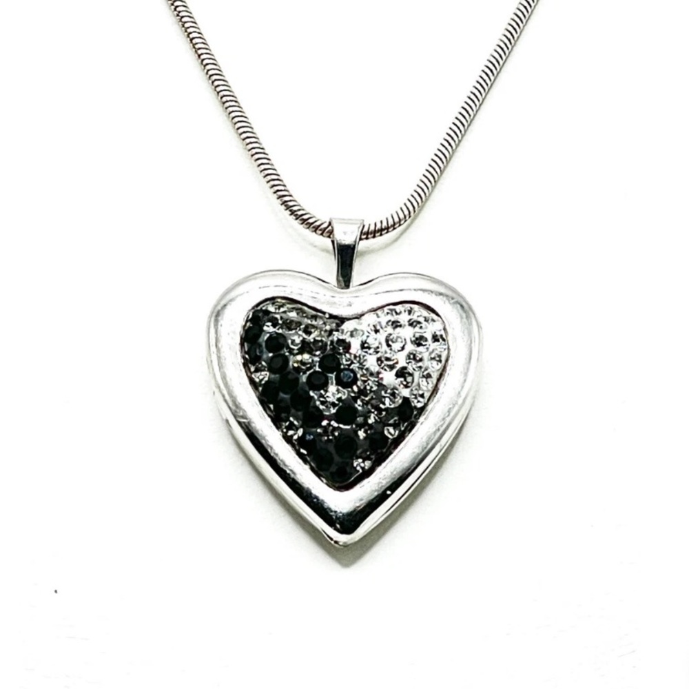 Sterling Silver Black and White Heart locket Pendant Pave CZ
